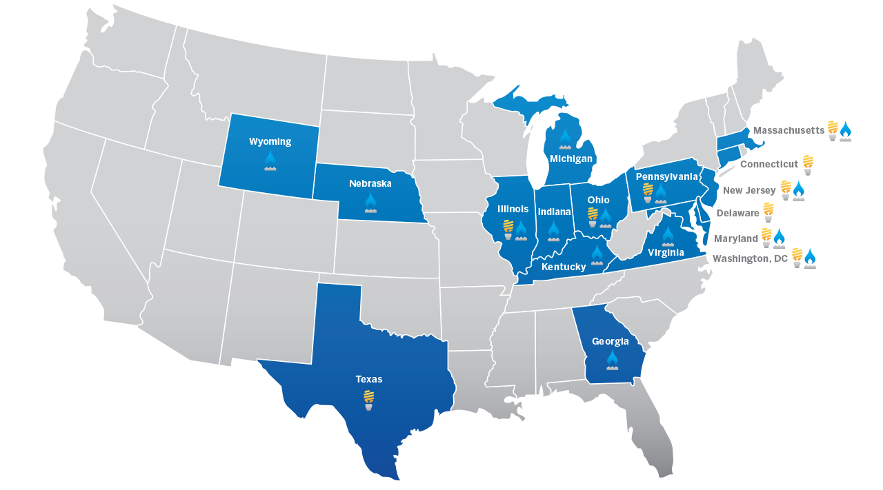 美国地图，突出了星座公司供应天然气的州