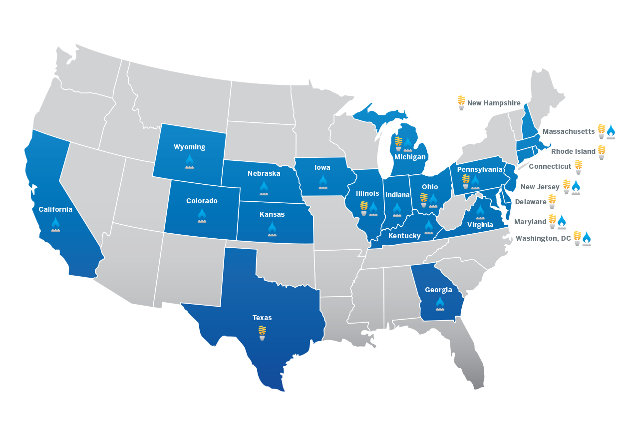 星座公司提供电力和天然气服务的美国地图